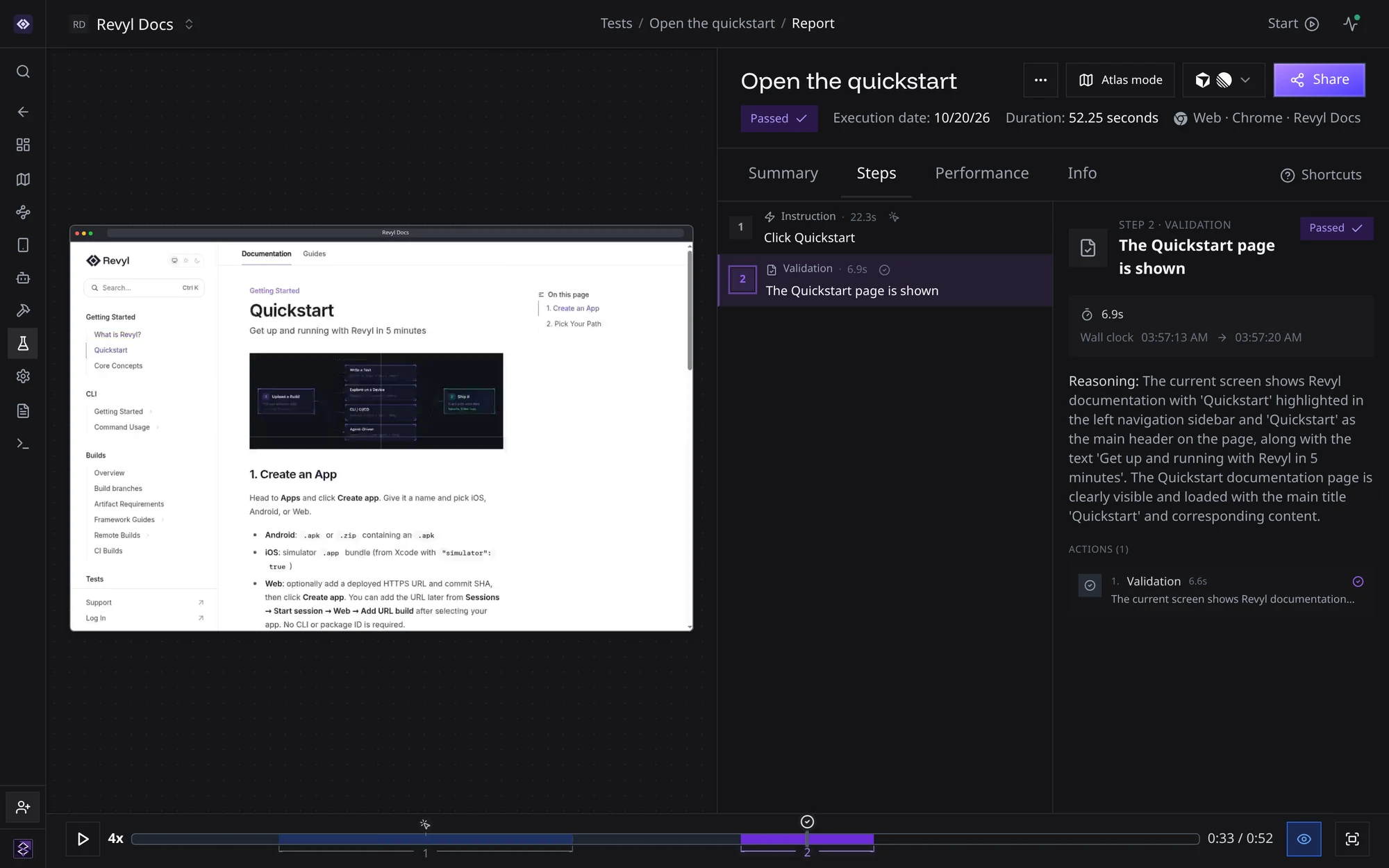 A Revyl test report: the recorded run beside the steps the agent validated