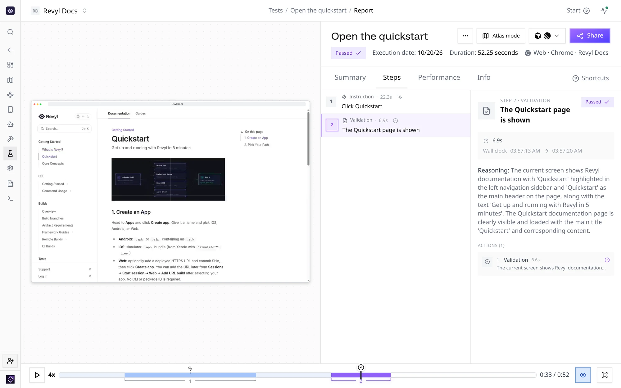 A Revyl test report: the recorded run beside the steps the agent validated