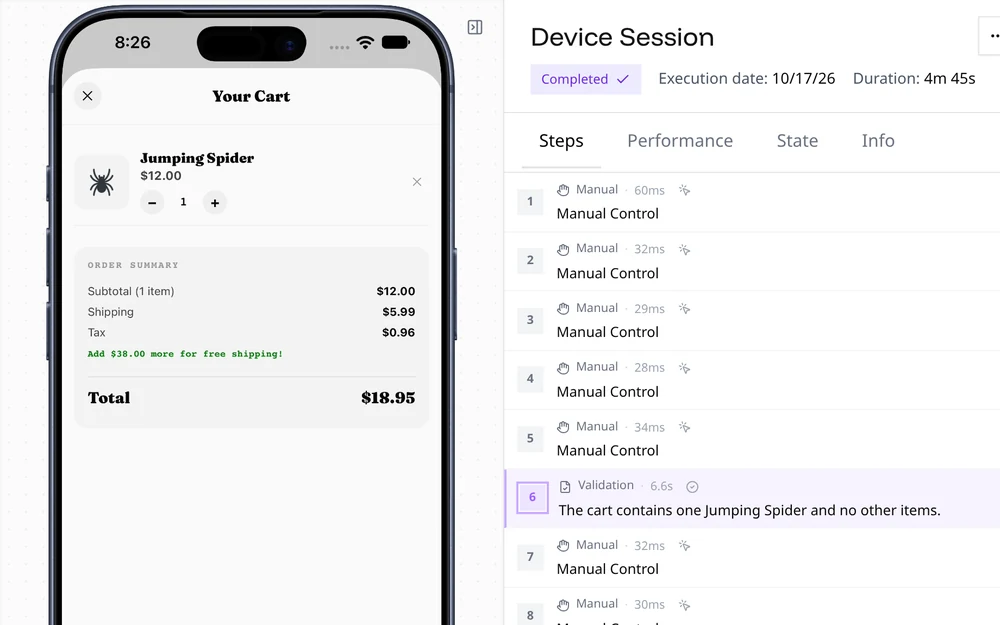 A session started from the CLI, with each action and a validation step recorded