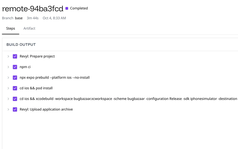 A completed remote build and its build steps