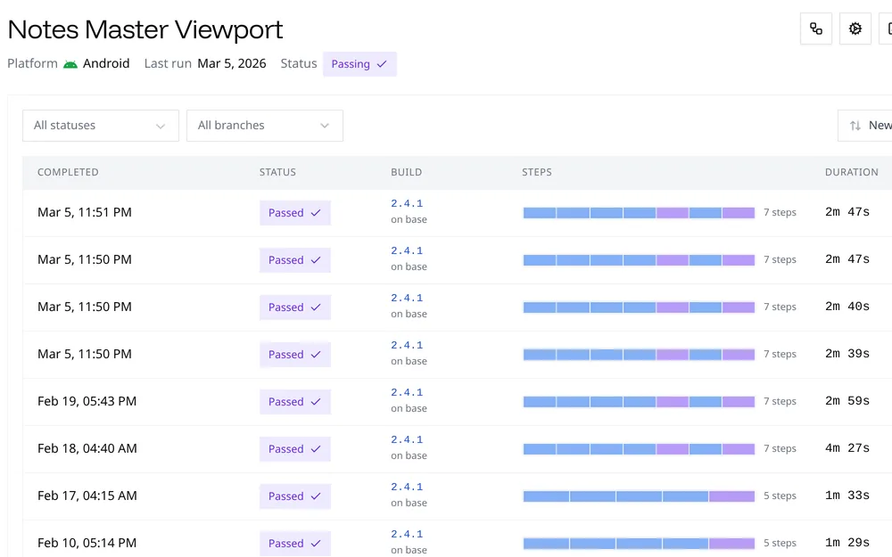 A test's run history with status, build, and steps for each run